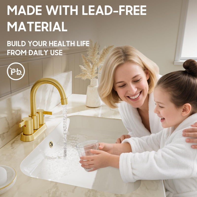 phiestina Brushed Gold 4 Inch 2 Handle Centerset Lead-Free Bathroom Faucet, Swivel Spout with Copper Pop Up Drain and 2 Water Supply Lines, BF015-1-BG - Image 3